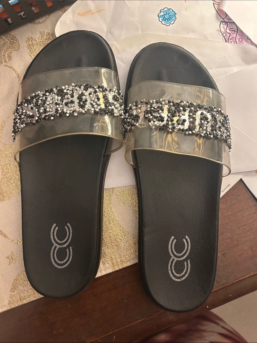 CC Boutique Black Slide Sandals with Clear Straps and Silver Rhinestone Band